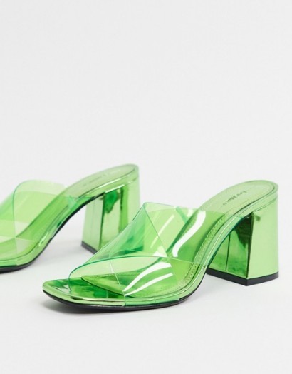 Bershka heeled mule with clear detail in green / transparent chunky heel mules