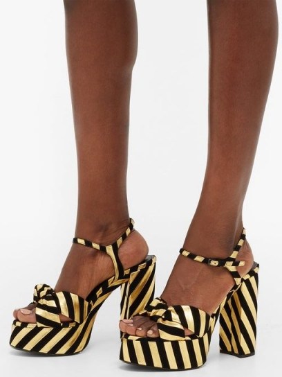 SAINT LAURENT Bianca striped leather and suede platform sandals in black and gold / retro glamour - flipped