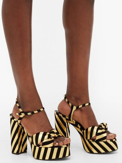 SAINT LAURENT Bianca striped leather and suede platform sandals in black and gold / retro glamour
