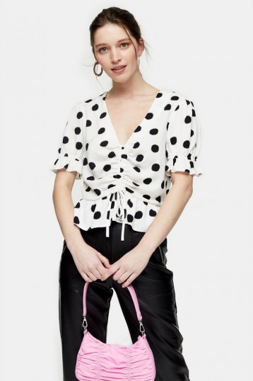 TOPSHOP Black And White Spot Ruched Top / front gathered tops