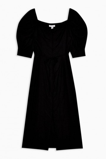 Topshop Black Linen Blend Puff Sleeve Midi Dress