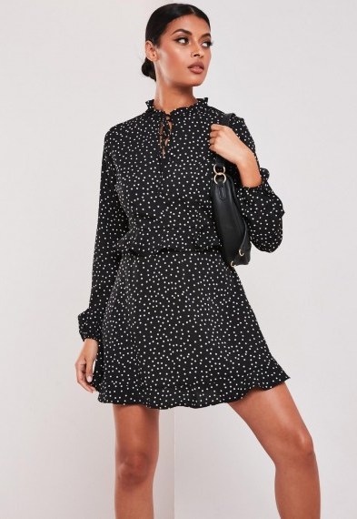 MISSGUIDED black polka dot high neck frill mini dress - flipped