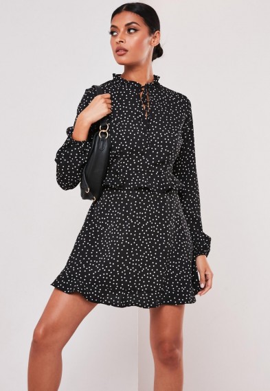 MISSGUIDED black polka dot high neck frill mini dress