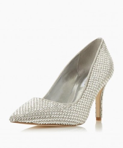 Dune London Blinding T Silver Jewel Embellished Stiletto Heel Court Shoe | occasion courts - flipped
