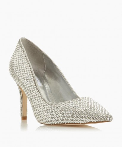 Dune London Blinding T Silver Jewel Embellished Stiletto Heel Court Shoe | occasion courts