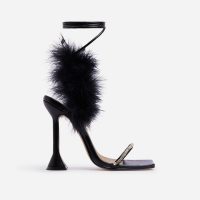 EGO Bliss Diamante Detail Fluffy Square Toe Lace Up Pyramid Heel In Black Faux Leather – evening heels