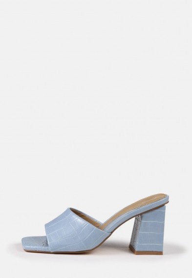 MISSGUIDED blue square chunky low heel mules / embossed mule - flipped