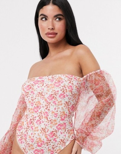 Boohoo Petite bardot bodysuit with organza puff sleeves in floral print - flipped