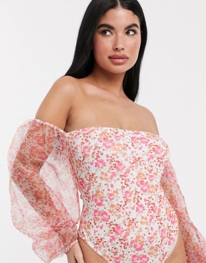 Boohoo Petite bardot bodysuit with organza puff sleeves in floral print