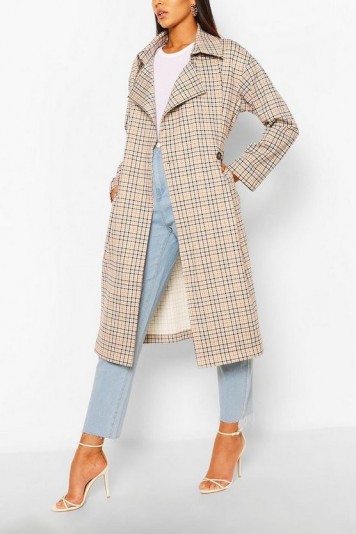 boohoo Check Double Breasted Belted Trench
