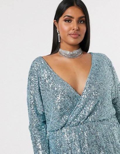 Club L London Plus sequin plunge neck long sleeve mini dress in baby blue - flipped