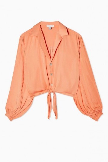 TOPSHOP Coral Satin Tie Front Shirt – blouson sleeve shirts - flipped