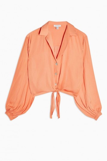 TOPSHOP Coral Satin Tie Front Shirt – blouson sleeve shirts