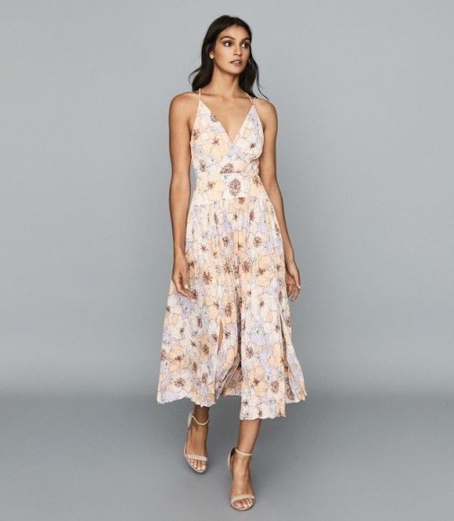 Reiss CORINNE FLORAL PRINTED MIDI DRESS PINK – front slit summer dresses - flipped