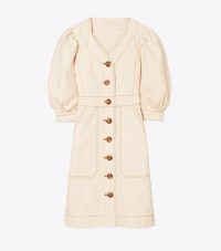 Tory Burch COTTON PUFFED-SLEEVE DRESS in RINSE / neutral puff sleeved dresses