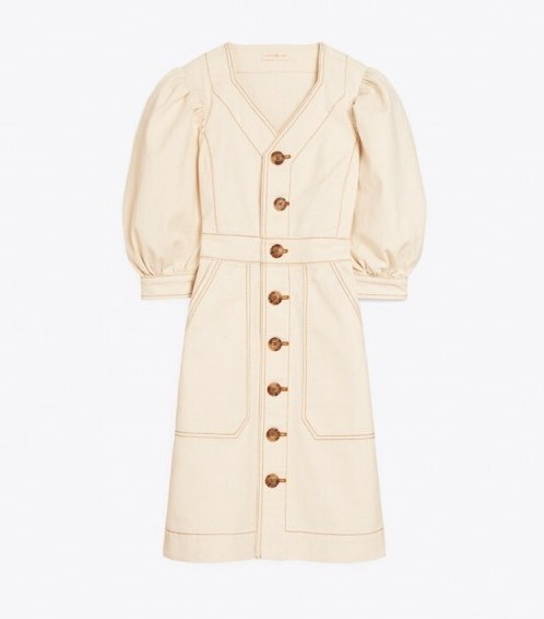 Tory Burch COTTON PUFFED-SLEEVE DRESS in RINSE / neutral puff sleeved dresses - flipped