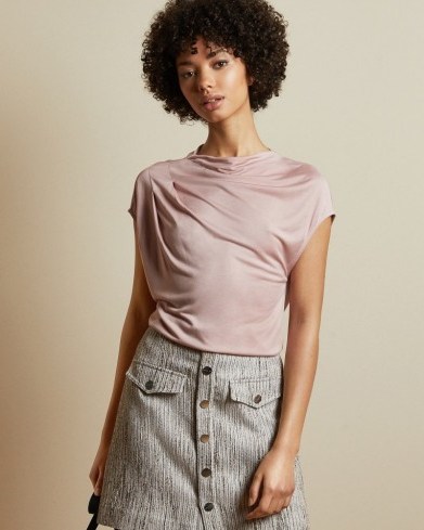 TED BAKER POPEEY Cowl detail jersey T-shirt dusky pink – draped detail tee - flipped