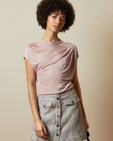 TED BAKER POPEEY Cowl detail jersey T-shirt dusky pink – draped detail tee