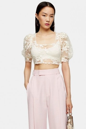 Topshop Cream Embroidered Mesh Floral Top | sheer crop tops - flipped
