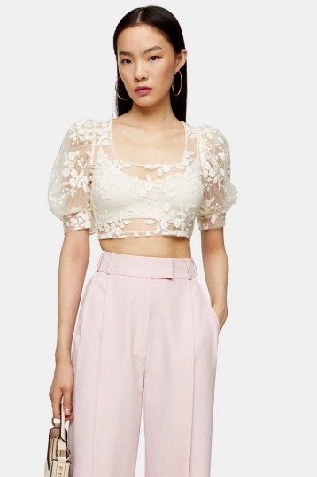 Topshop Cream Embroidered Mesh Floral Top | sheer crop tops