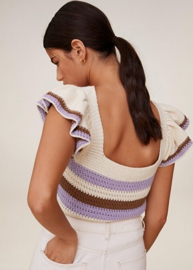 MANGO LAVANDA Crochet striped top | squate neckline knit