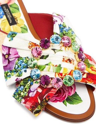 DOLCE & GABBANA Crystal-buckle floral-print satin & raffia slides / luxe embellished flats - flipped
