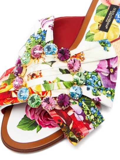 DOLCE & GABBANA Crystal-buckle floral-print satin & raffia slides / luxe embellished flats