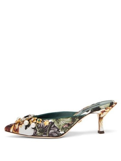 DOLCE & GABBANA Crystal-embellished floral-jacquard mules / jewelled printed mule - flipped