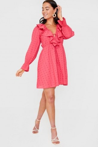 IN THE STYLE DEEP PINK BRODERIE FRILL PLUNGE SKATER DRESS - flipped