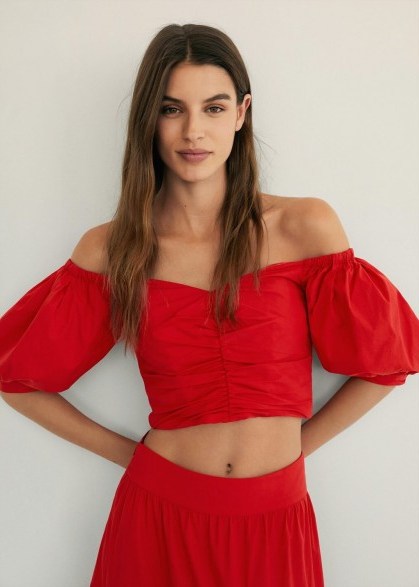 Mango VENICE Draped crop top | red ruched fitted bardot tops - flipped