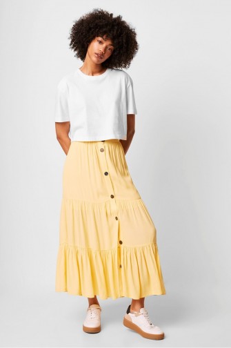 FRENCH CONNECTION EASHA DRAPE BUTTON FRONT SKIRT SUNWASH YELLOW
