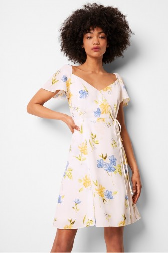 FRENCH CONNECTION EME CREPE FAUX WRAP DRESS SUMMER WHITE MULTI