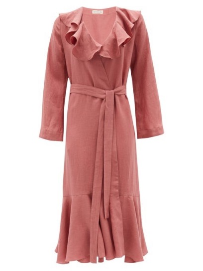CASA RAKI Esme ruffled organic-linen wrap dress ~ pink ruffle trim dresses