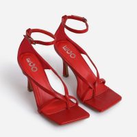 EGO Eve Square Toe Strappy Heel In Red Faux Leather – party heels