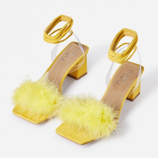 EGO Finesse Lace Up Square Toe Fluffy Midi Block Heel In Yellow Faux Suede - flipped