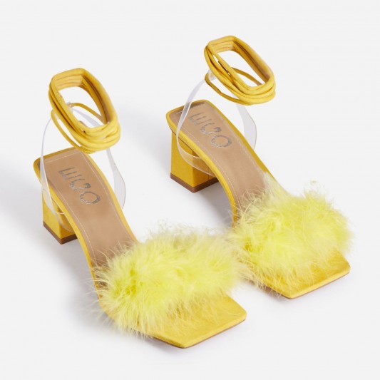 EGO Finesse Lace Up Square Toe Fluffy Midi Block Heel In Yellow Faux Suede
