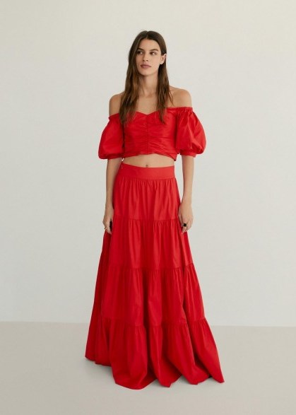 Mango TAFA Flared poplin skirt | red tiered maxi skirts - flipped