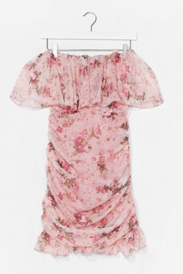 Nasty Gal Floral Ruffle Detail Off the Shoulder Mini Dress Pink