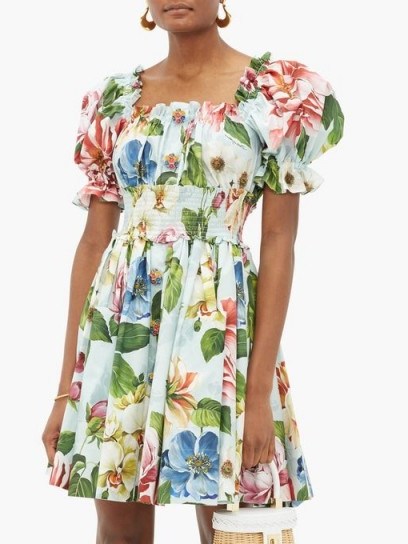 DOLCE & GABBANA Floral-print puff-sleeve cotton-poplin dress ~ summer fit and flare ~ beautiful Italian dresses - flipped