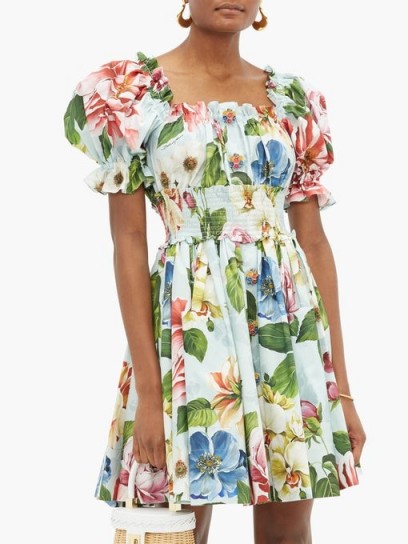 DOLCE & GABBANA Floral-print puff-sleeve cotton-poplin dress ~ summer fit and flare ~ beautiful Italian dresses