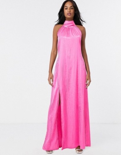 Flounce London high neck maxi dress with open back in hot pink - flipped