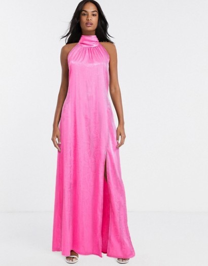 Flounce London high neck maxi dress with open back in hot pink