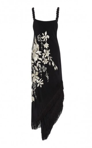 Johanna Ortiz Focus And Flower Embroidered Silk Midi Dress / lbd / fringed asymmetric hemline - flipped