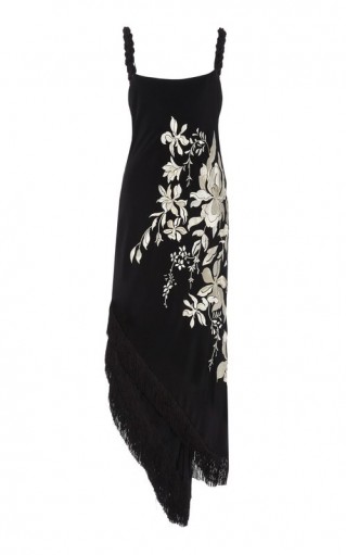 Johanna Ortiz Focus And Flower Embroidered Silk Midi Dress / lbd / fringed asymmetric hemline