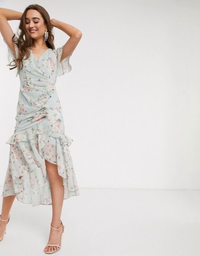 Forever New Petite ruched midi dress in soft mint floral / feminine ruffle trimmed dresses