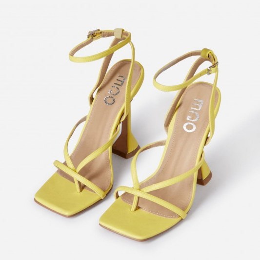 EGO Freestyle Square Toe Pyramid Heel In Yellow Faux Leather – ankle strap sandals - flipped