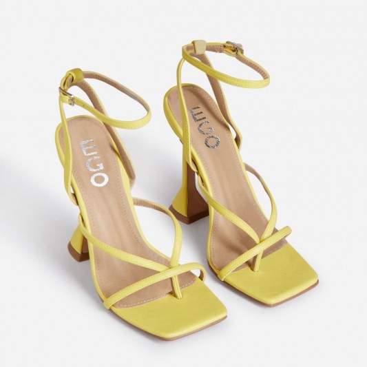 EGO Freestyle Square Toe Pyramid Heel In Yellow Faux Leather – ankle strap sandals