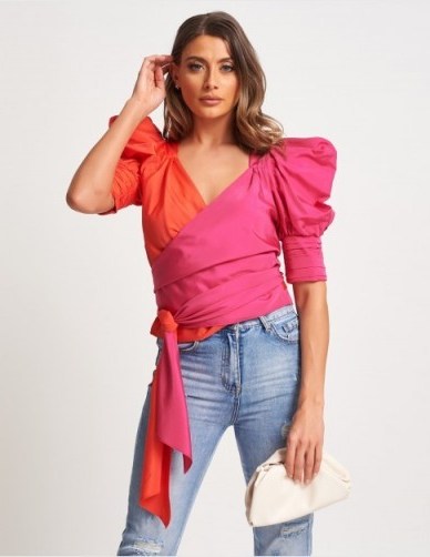 FOREVER UNIQUE Fuchsia Coral Wrap Top – statement puff sleeves - flipped
