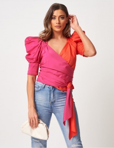 FOREVER UNIQUE Fuchsia Coral Wrap Top – statement puff sleeves