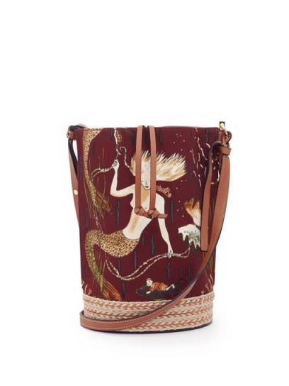 LOEWE PAULA’S IBIZA Gate mermaid-print canvas bucket bag in burgundy | ocean inspired prints | mermaids - flipped